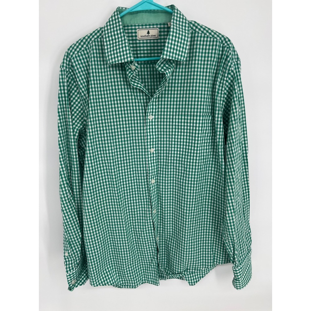 Southern‎ Pines Mens XL Green Gingham Check Button Down Shirt Long Sleeve Cotton